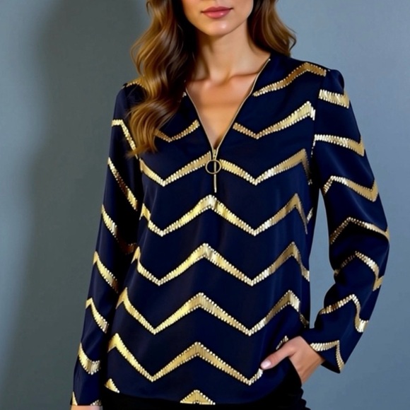 Shein Tops - SHEIN Navy and Gold Zigzag Blouse